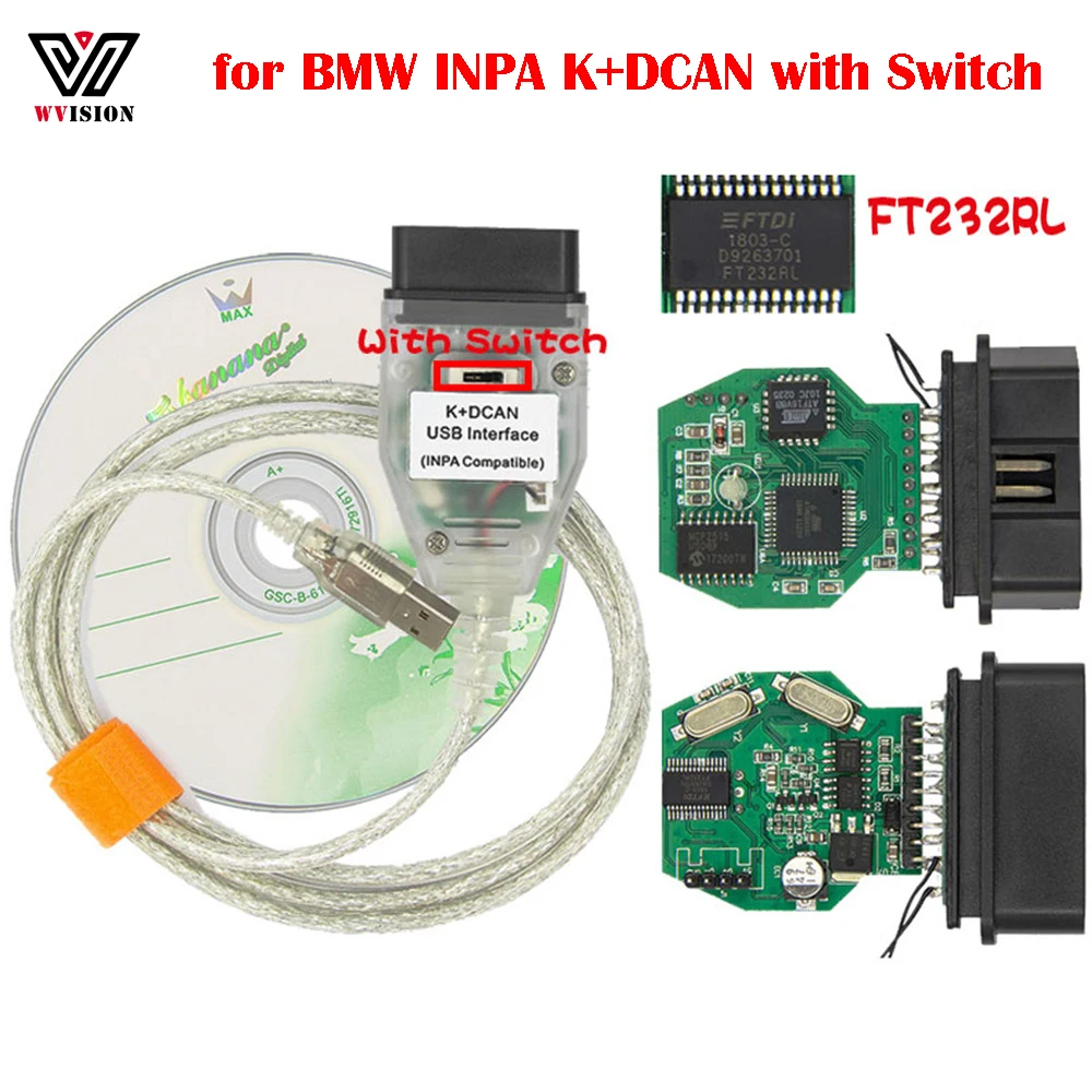 Сканер INPA K + DCAN K + CAN K-Line FT232RL с переключателем для BMW OBD2, кабель шасси, диагностический инструмент, интерфейс, USB программирование