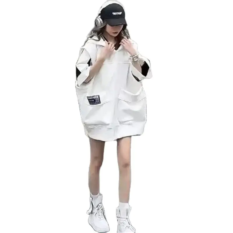 Spring Autumn Mid-Long Large Size Hooded Vest Coat Women 2024 New Fashion Loose Casual White Pure Colour Waistcoat Female