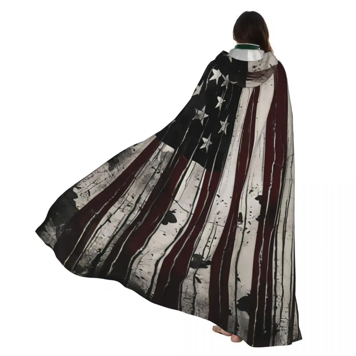 Capa de vampiro para adultos, bata con capucha, bandera americana, ilustración envejecida Grunge, capa de Halloween, Cosplay de longitud completa