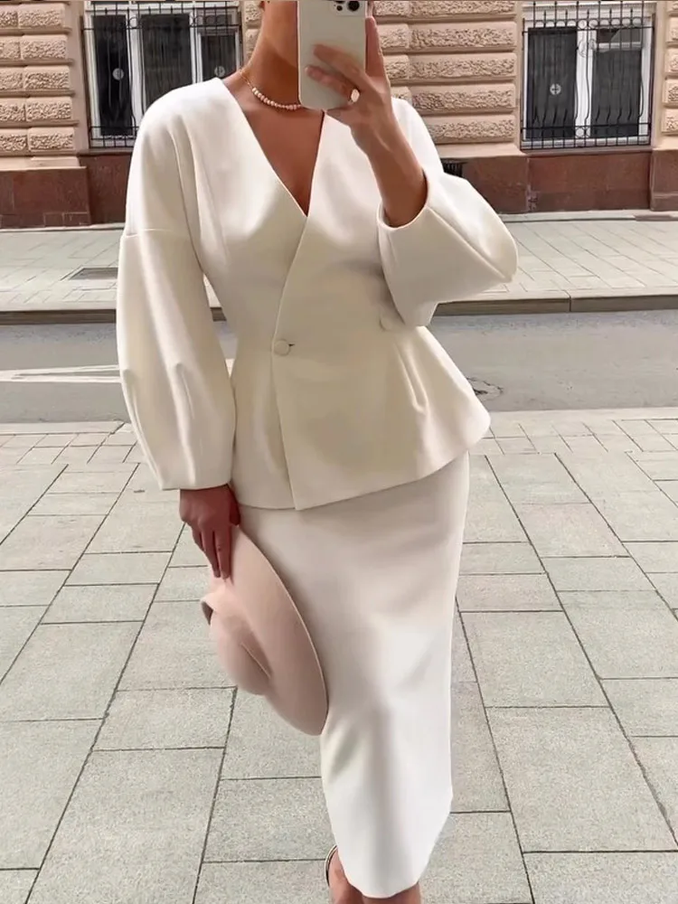 Elegant White Coat Skirt Set V-neck Double Breasted Puff Long Sleeve Blazer Hip Package Fashion Lady Skirt 2 Piece New Outfits