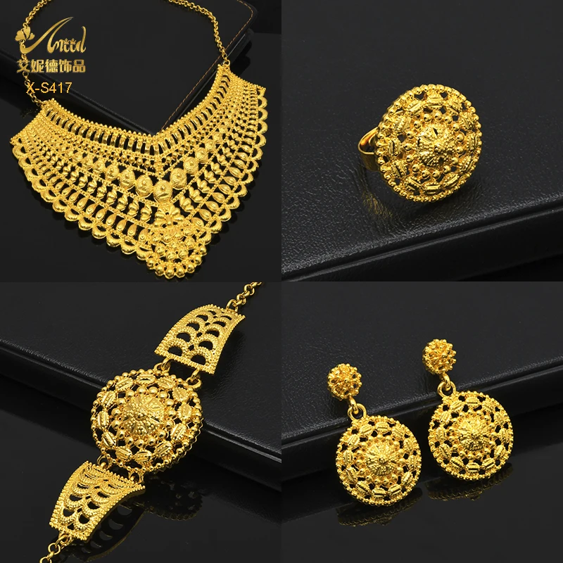 ANIID Luxury Indian Jewelry Sets for Women Party Dubai 24K Gold Color Necklace Set African Wedding Traditional Jewelry Gifts