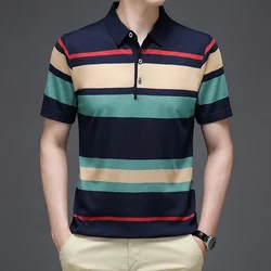 2024 Summer New Men's Knitted Stripe Short Sleeved POLO Shirt Comfortable and Cool Casual Fashion T-shirt