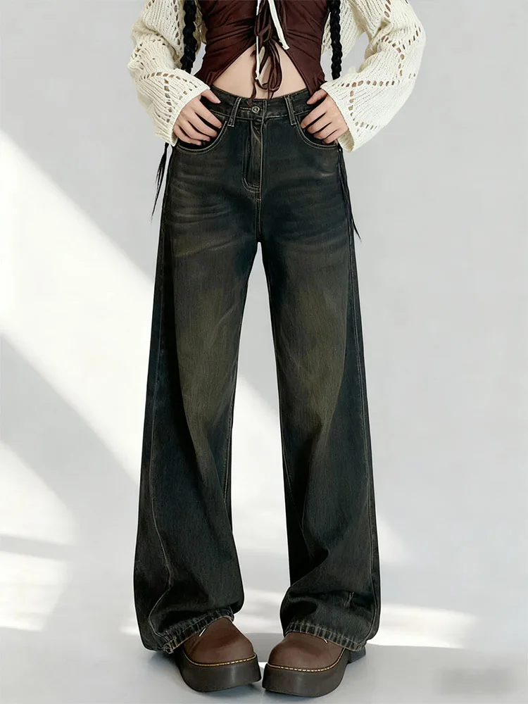 بنطلون جينز نسائي أمريكي بتصميم عتيق من الأسمنت، بقصة مستقيمة وواسعة الساق، مبطن، خصر عالي، نحيف