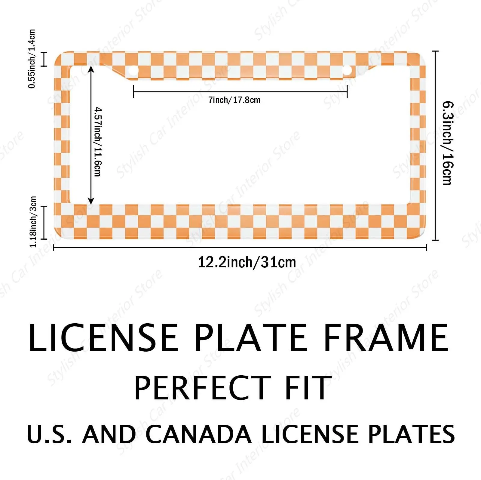 Orange White Checkerboard License Plate Frame Stainless Steel Car Accessories Personalized License Plate Holder Fits Standard US