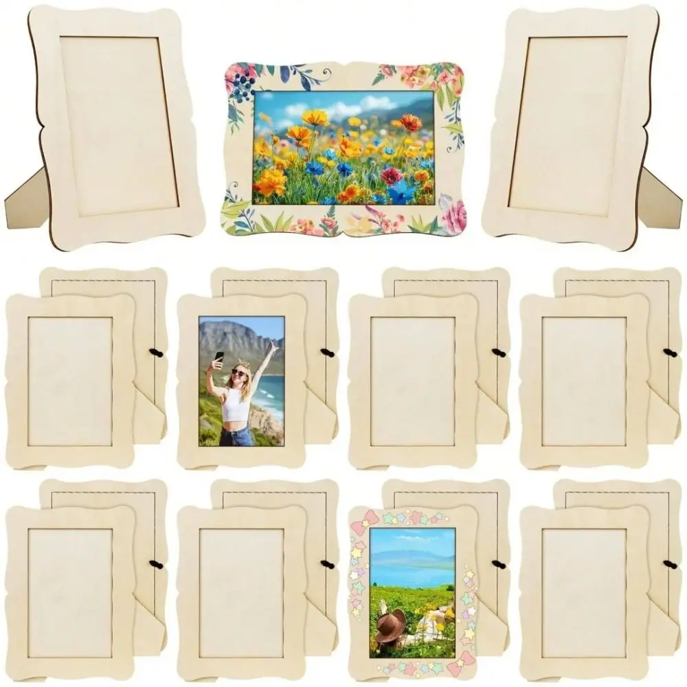 1/5Pcs Unfinished Blank Wooden Photo Frame Premium Wood Material DIY Painting Desktop Display Stand Wavy/Rectangle Shape