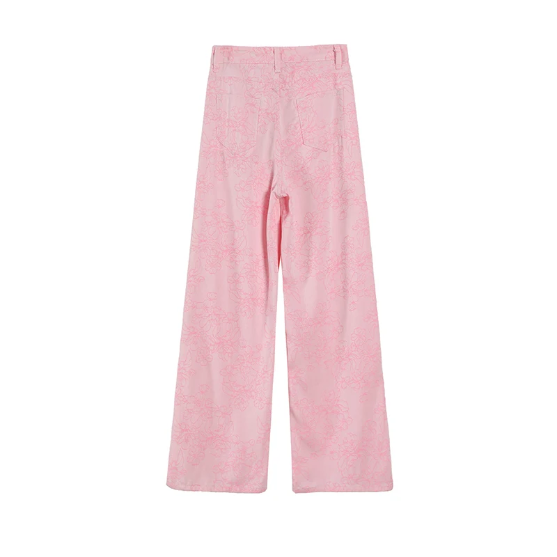 Women's Lyocell Floral Jacquard Loose Straight Jeans High Waist Ultra Soft Thin Denim Pink Tonal Flower Breathable Summer Casual