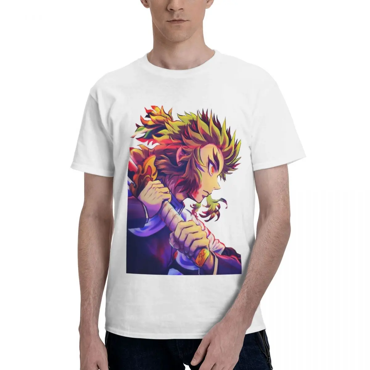 Demons Slayers Kyojuro Rengoku Fighting Classic T-Shirt Men's Basic Short Sleeve T-Shirt White Round Neck Short Sleeve