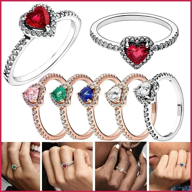 Valentine\'s Day Red Heart Silver 925 Ring for Women Zircon Design Original Sparkling Zircon Rings Festival Jewelry Gift