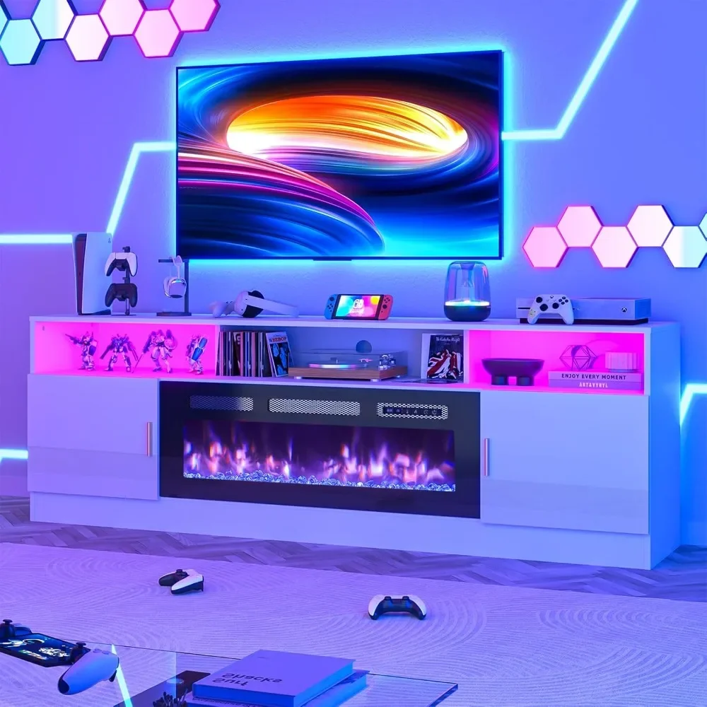 

70" Electric Fireplace TV Stand with 36 Inch Electric Fireplace up to 80 Inch TV Capacity LED Lights And Storage Entertainment C