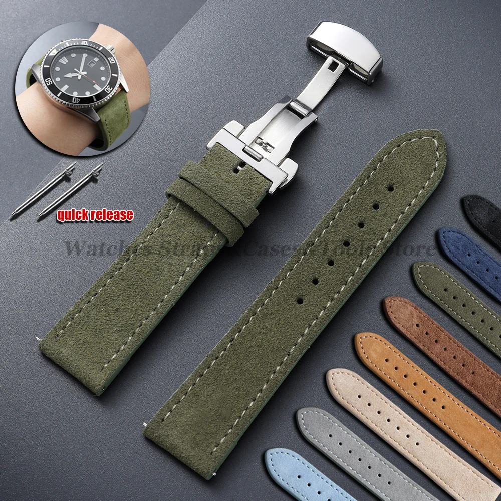 Image of 18mm 19mm 20mm 22mm Vintage-Uhrenarmband aus Wildleder, handgefertigt, grau, braun, grün, mit Schmetterlingsschnalle, Armband für Herren und Damen