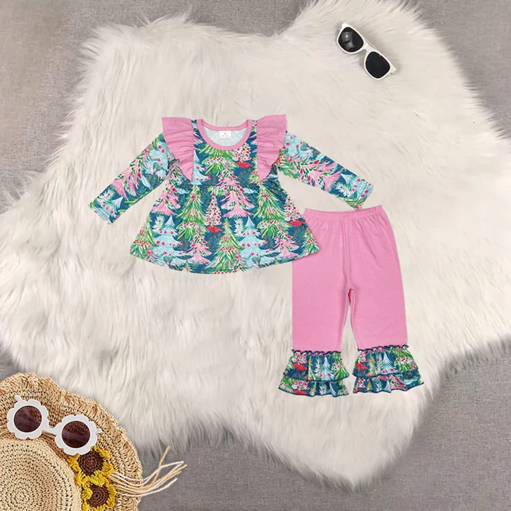 

9.16 Baby Girls Winter Clothes Baby Girls Colorful Christmas Tree Tunic Ruffle Pants Clothes Sets