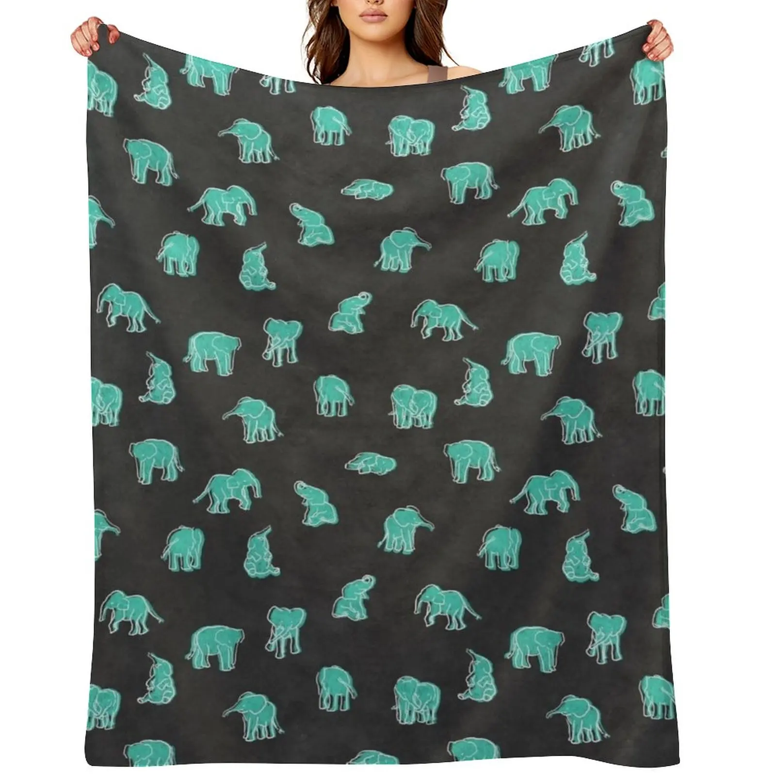 

Indian Baby Elephants Black Mint Teal Green Throw Blanket for winter Luxury Multi-Purpose halloween Blankets
