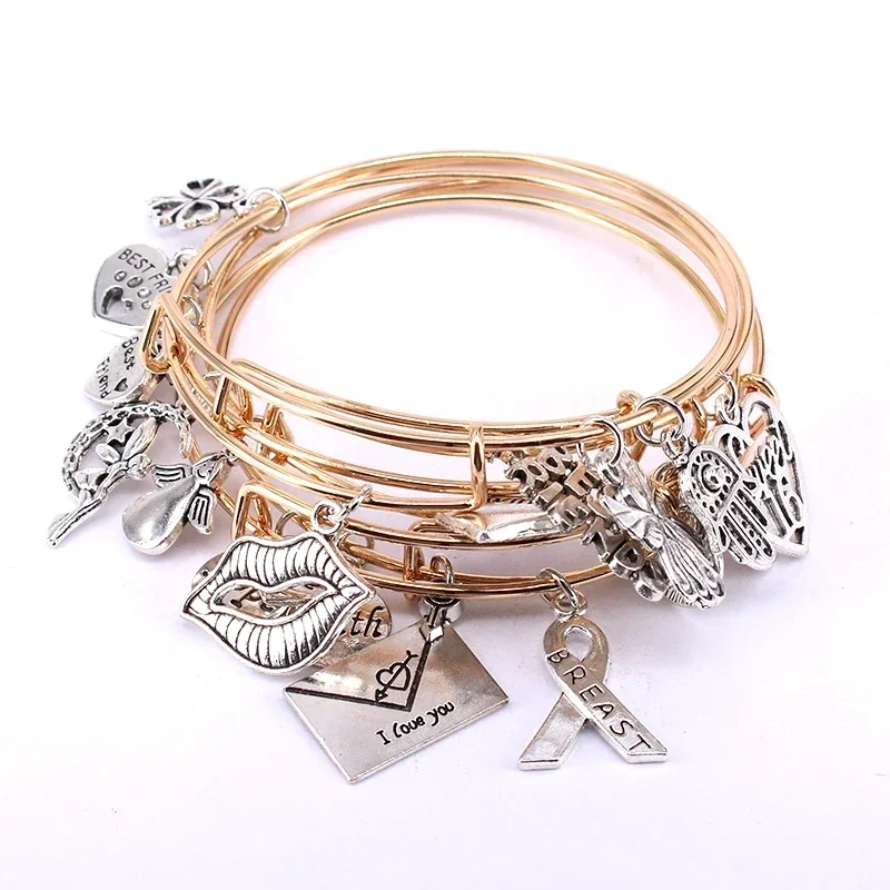 5pcs Bangle Set Wire Bracelets for Women Girls Jewllery Mixed Lips Best Friends Breast Cancer Love Heart Charm Bracelets C041