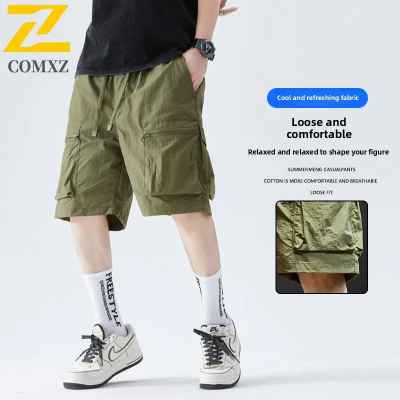 Summer Pocket Shorts Men's Fashion Retro Elastic Waist Breathable Freight Shorts Bermuda Male Casual Fishing Loose Work Pants