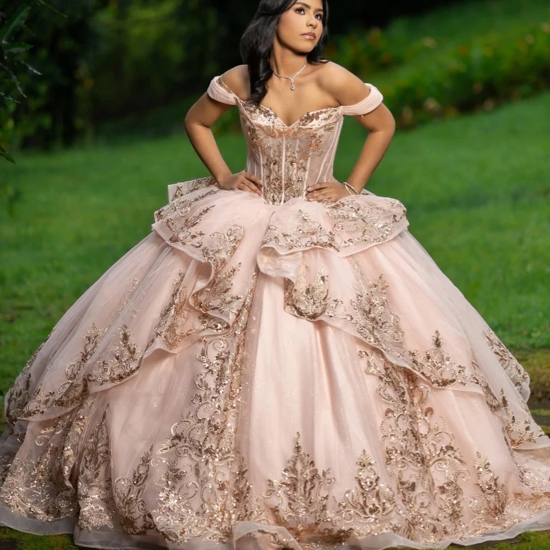 

Розовые блестящие платья Quinceanera с открытыми плечами, аппликация, кружевной корсет с бусинами, тюлевое платье для вечеринки, дня рождения, сладкое платье 16, Vestidos 15 De