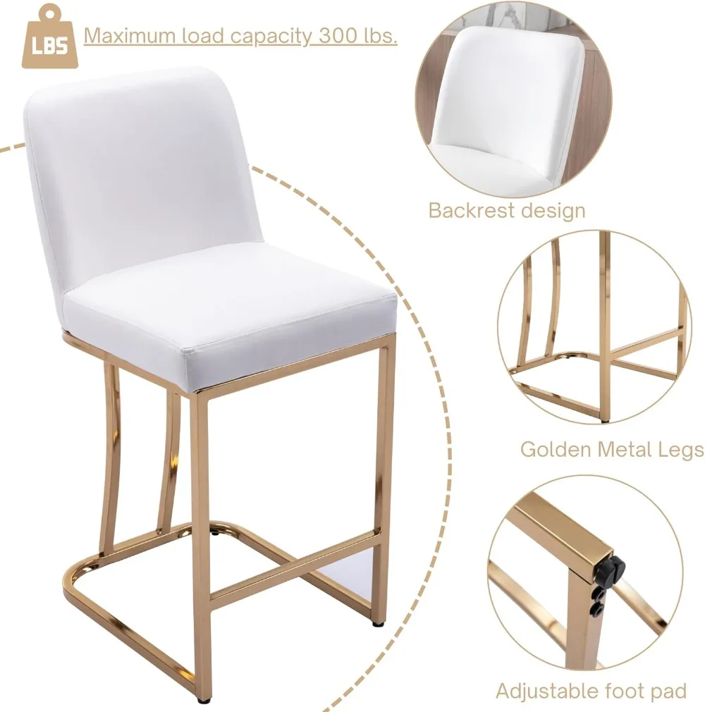 Bar Stools Set of 2 Leather Counter Stools with Gold Legs, 24"  White Island Chairs Upholstered Kitchen Bar Chairs with Back for