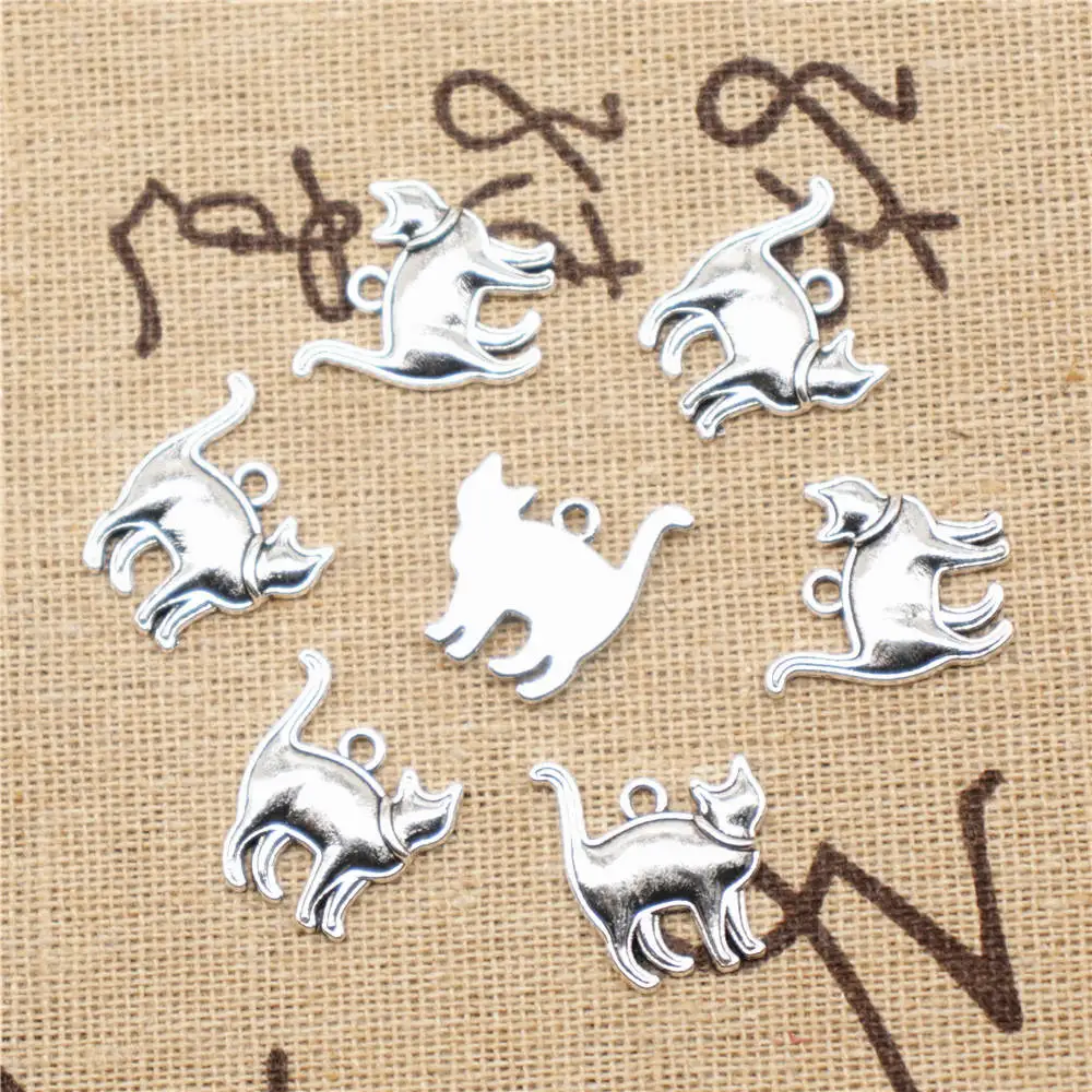 10pcs 15x17mm Cat Charms Vintage Pendant For Crafts Woman Jewelri Antique Silver Color