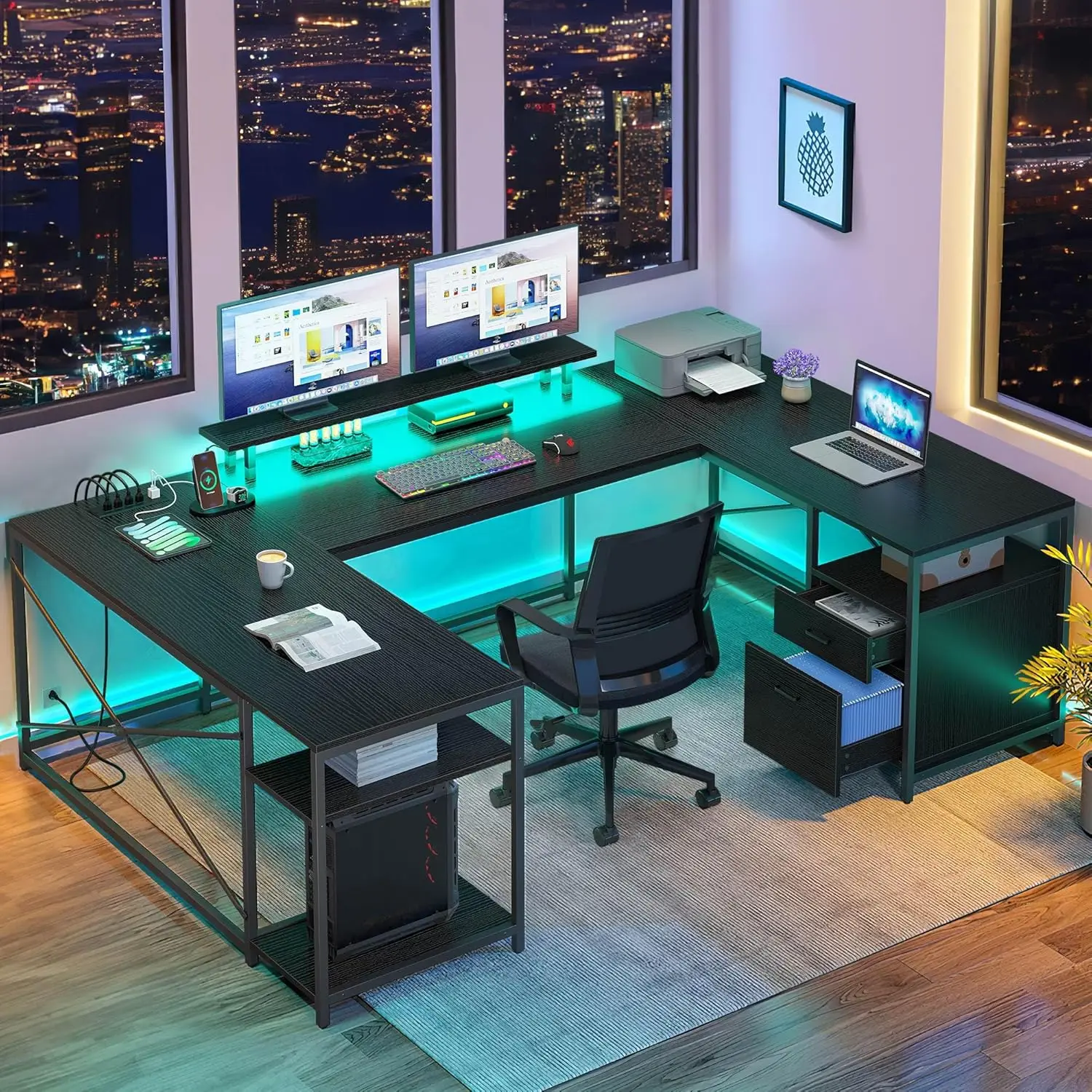 

U Shaped Desk with Drawers, 79" Reversible L Shaped Desk with Power Outlets & LED Lights,Corner Computer Desk, Black