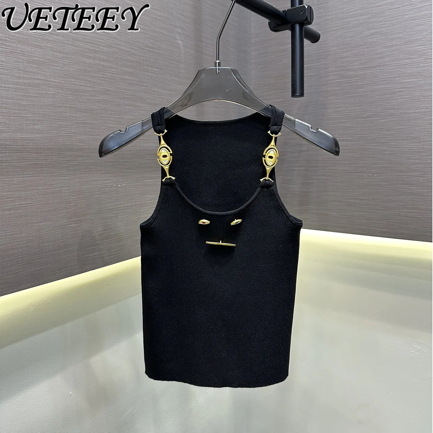 

Модный металлический декоративный вязаный топ-камизоль для женщин: универсальная облегающая майка без рукавов, стильная верхняя одежда-жилет