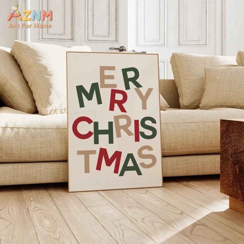 AZNM Merry Christmas Typography Canvas Wall Art Color Block Retro Letter Beige Background Print Unframed Canvas Xmas Home Wall D