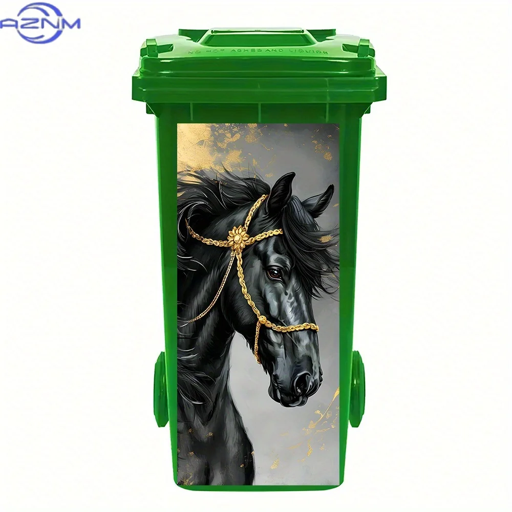 1pc Black Horse with Golden Accents Trash Can Sticker – Waterproof, Removable Backing, Elegant Animal Design, Luxe Vibe, for B