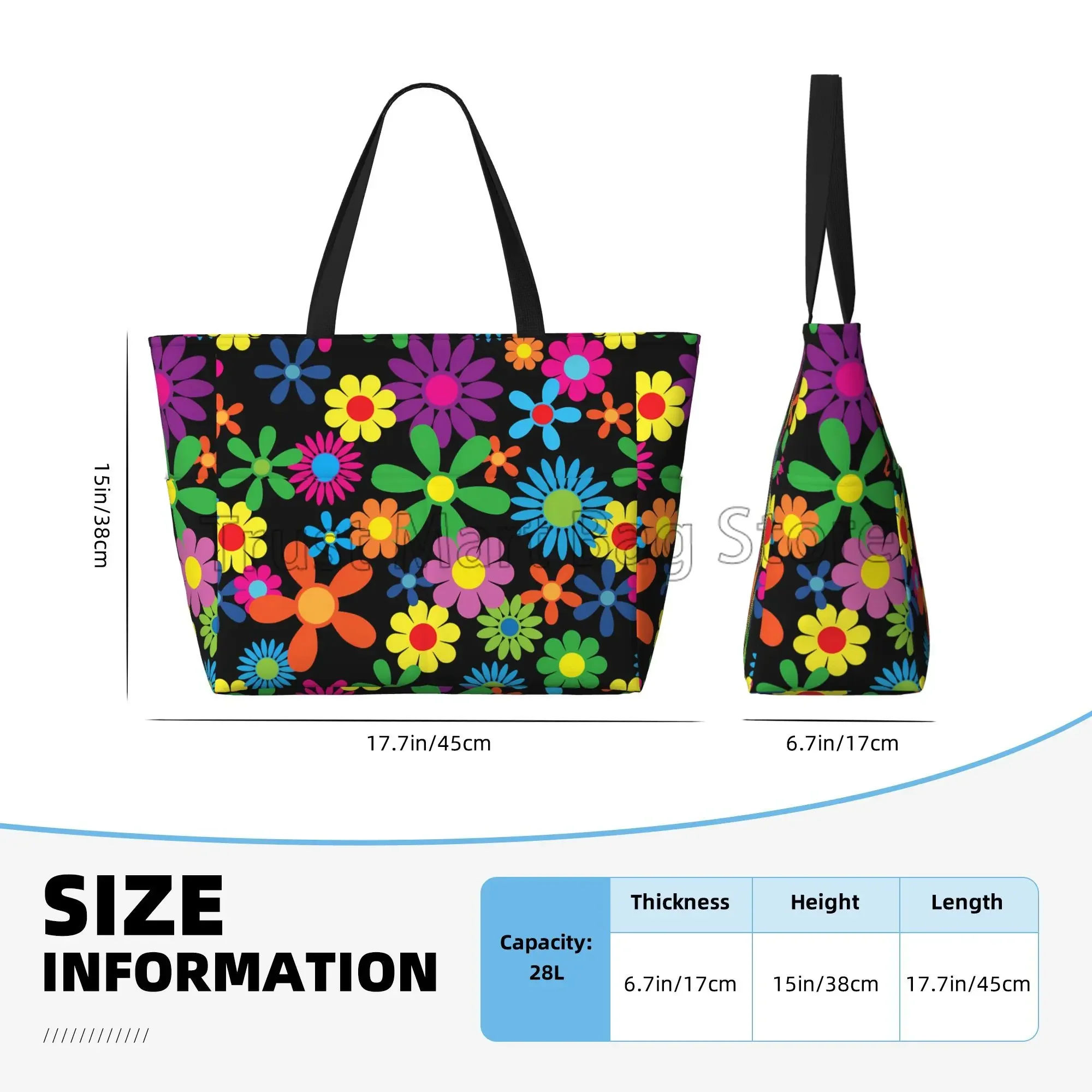 Hippie Flowers Large Beach Tote Bag Women Waterproof Sandproof Zipper Beach Tote Bags for Pool Gym Grocery Travel