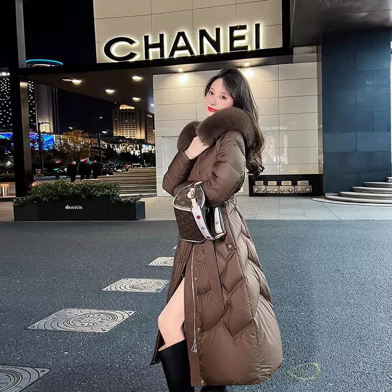 Winter Big Fur Collar Hooded Down Jacket Cotton Coat Women Long Parkas Thicken Warm Cotton-padded Jacket Coats Zipper Overcoat