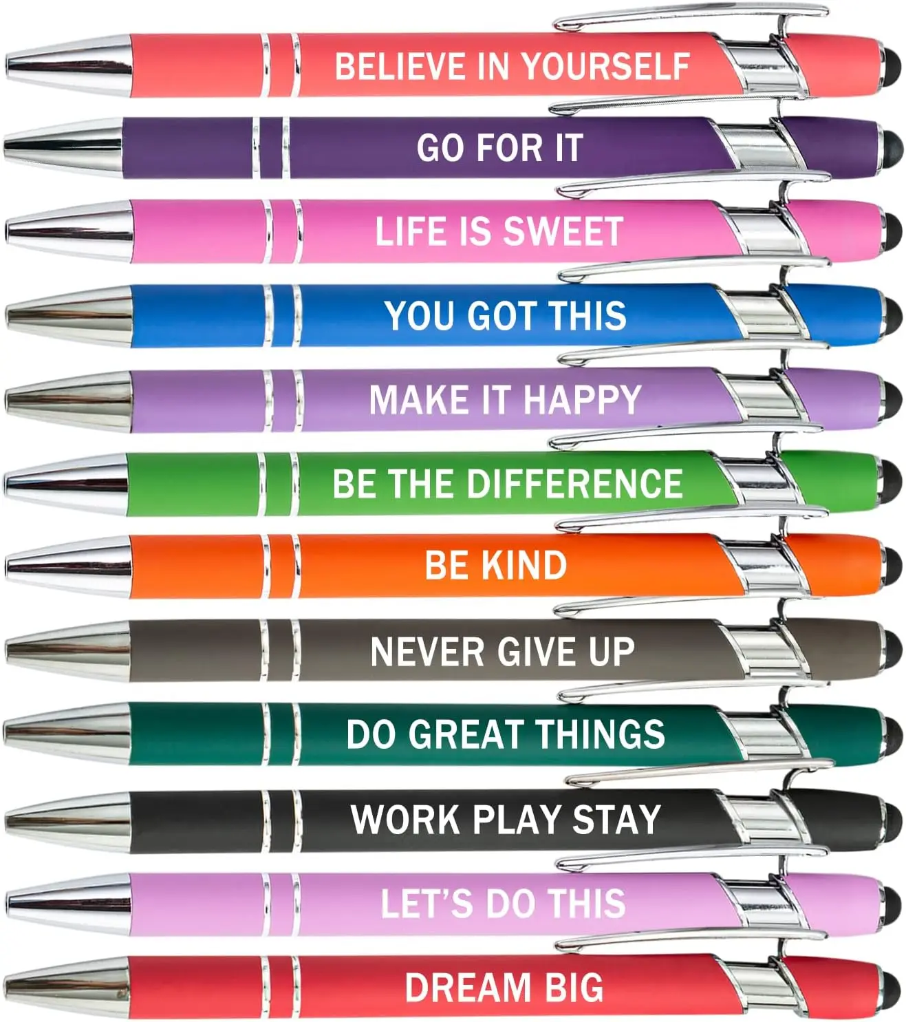 

12 Motivational Inspirational Stylus Ballpoint Pens with Quotes, Black Ink, Office Encouraging Scriptures, Assorted Colors