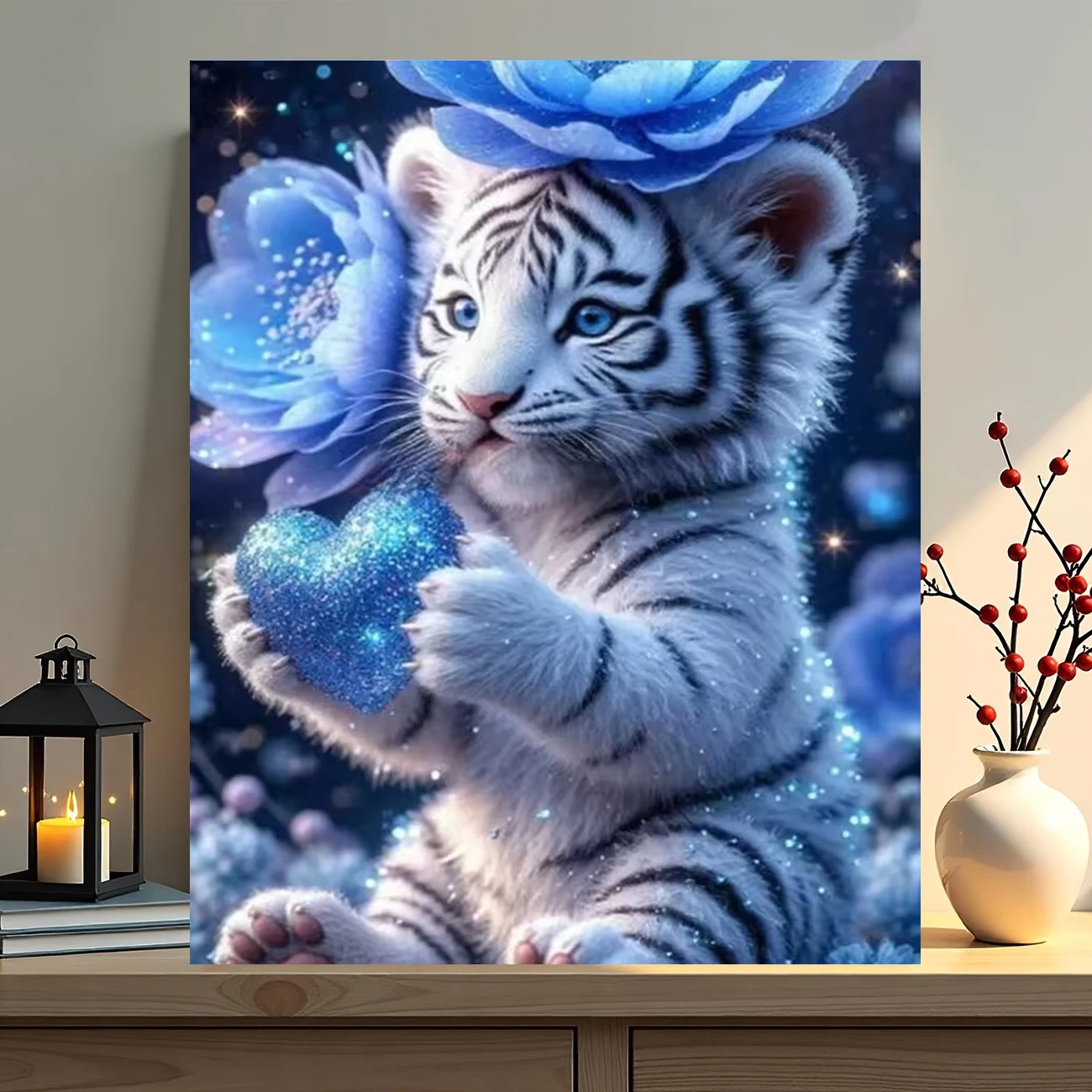 AZQSD 5D Diamantmalerei Tiger Tier Mohnblume Komplettset für Erwachsene Einzigartiges Geschenk Diamant-Mosaik Heim-Kunsthandwerk