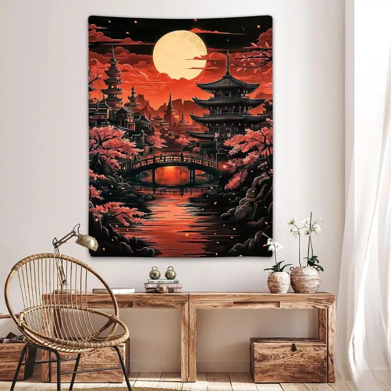 VIKAMA Japanese Pagoda Cherry Blossom Tapestry, Zen Wall Hanging, Oriental Aesthetic Wall Decor Bedroom Living Room Home Decor
