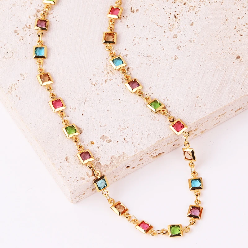 1pcs Korean Style Square Crystal Zircon Pendant Necklaces Y2K Colorful CZ Ladies Girls Fashion Elegant Clavicle Chain Wom