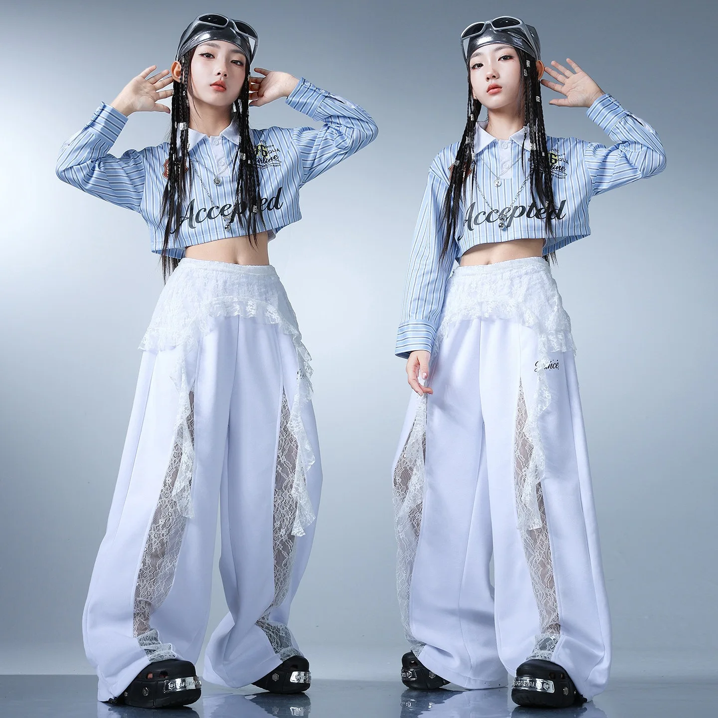 Girls Hip Hop Blue Stripes Crop Top Lace Pants Street Dance Children K-pop Streetwear Girl Group Clothes Set Kids Jazz Costume