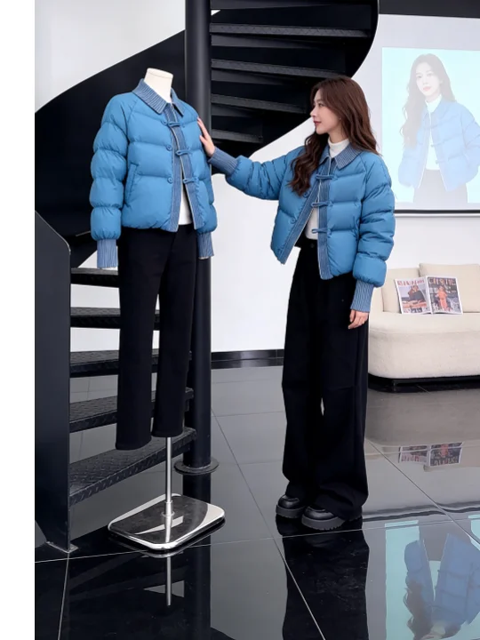 

Синее лоскутное зимнее пальто Thiened, женское пальто Bread Sle Jaet, теплая верхняя одежда, корейский Sle, прямой крой, длинный све