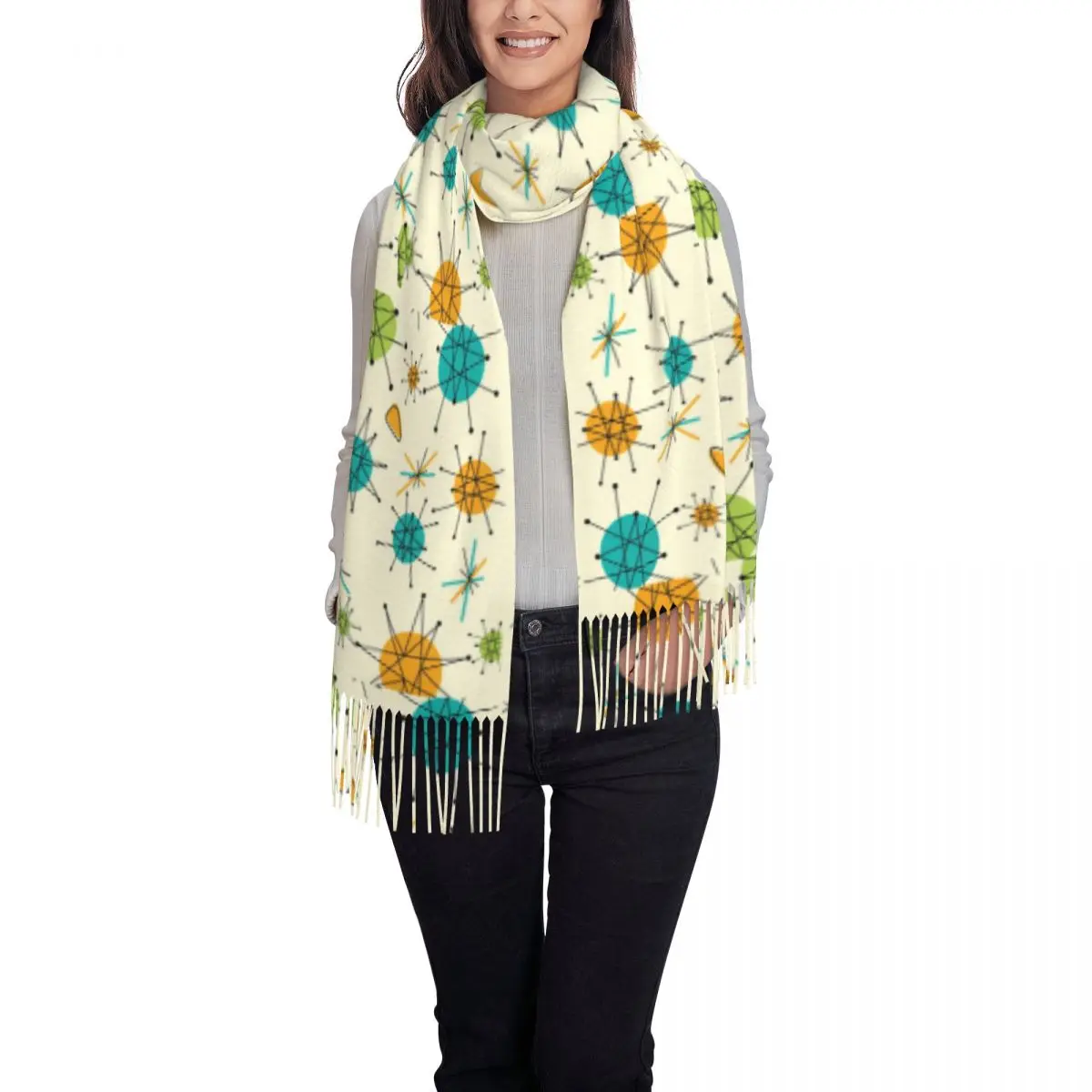 Женские большие ретро атомные абстрактные геометрические шарфы, женские зимние толстые теплые шаль с кисточками, абстрактный шарф середины века