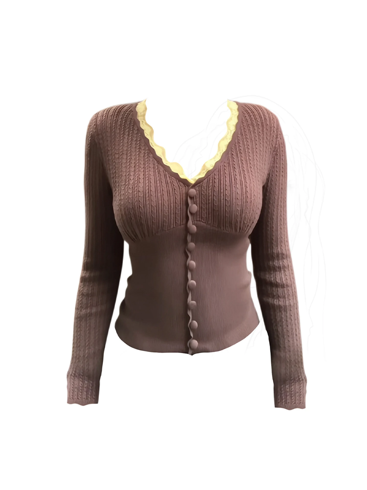 

Women's Brown V-Neck Knitwear T-shirt Y2k Gyaru Tee Top 2000s Vintage Aesthetic Long Sleeve Knit T-shirt Clothes Spring Autumn