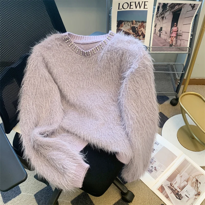 New Diamond O Neck Mink Mohair Sweater Women Soft Warm Wool Cashmere Knit Pullover Autumn Winter Loose Casual KNitwears