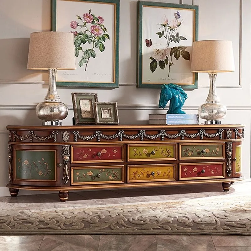 European TV cabinet, solid wood coffee table, American video cabinet, bedroom floor cabinet, living room retro painted carved