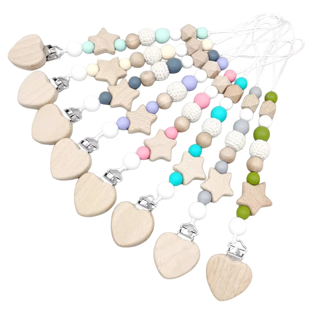 Heart Shaped Beech Wood Baby Pacifier Clip Silicone Round Crochet Nipple Chain for Baby Shower Gift