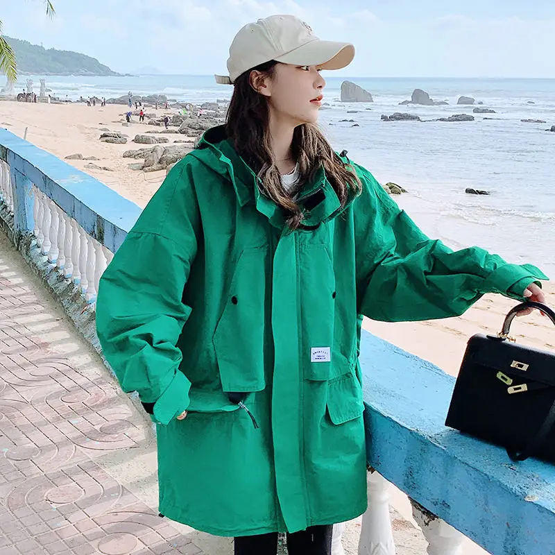 2023 Windbreaker Women's Mid Length Korean Loose Vintage BF Spring Autumn Coat Student Hooded Jacket Large Size Outerwear z1588