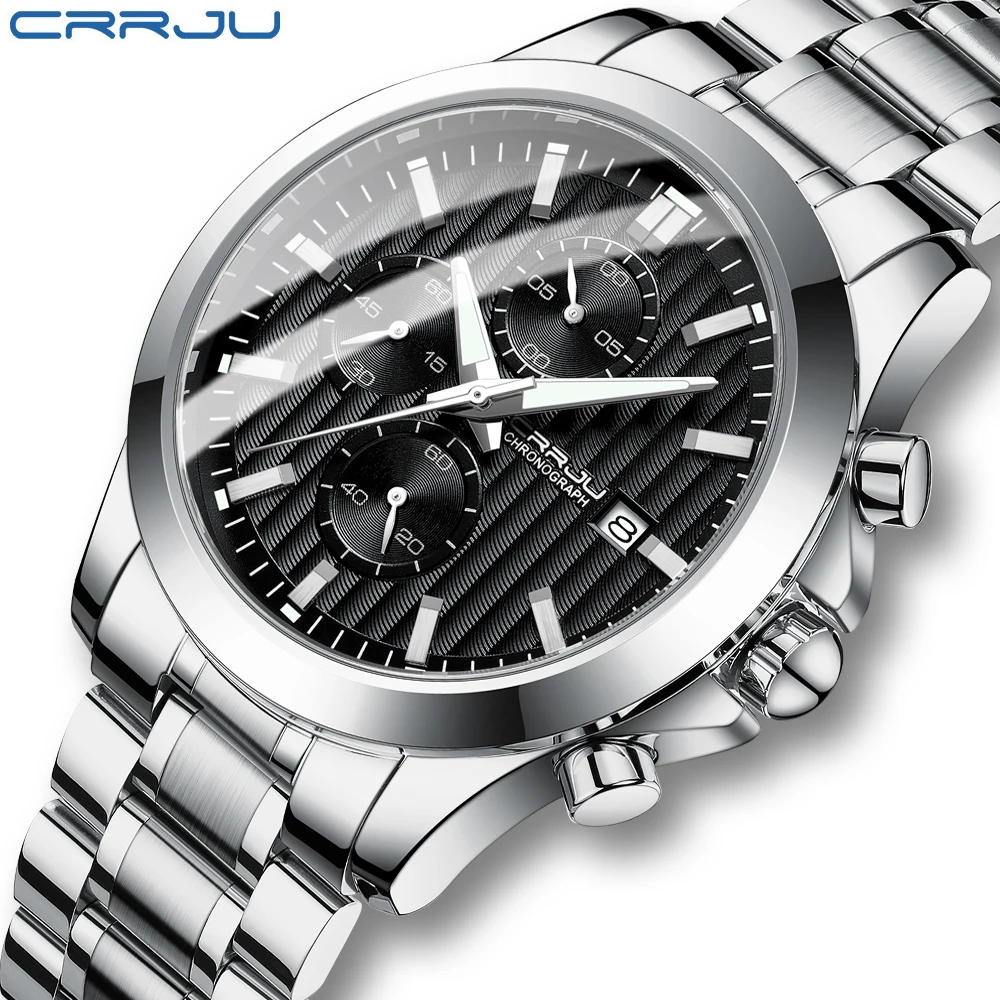 CRRJU Watch for Men Multifunctional Chronograph Business Casual Stainless Steel Strap WristWatch with Date