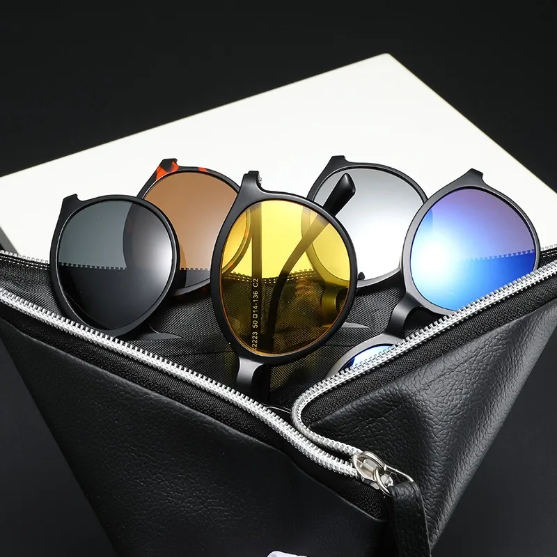 Eyeglasses Frame Men Women With 5 PCS Clip On Polarized Sunglasses Spectacle Magnetic Glasses Male UV400 Eyeglasses 2223