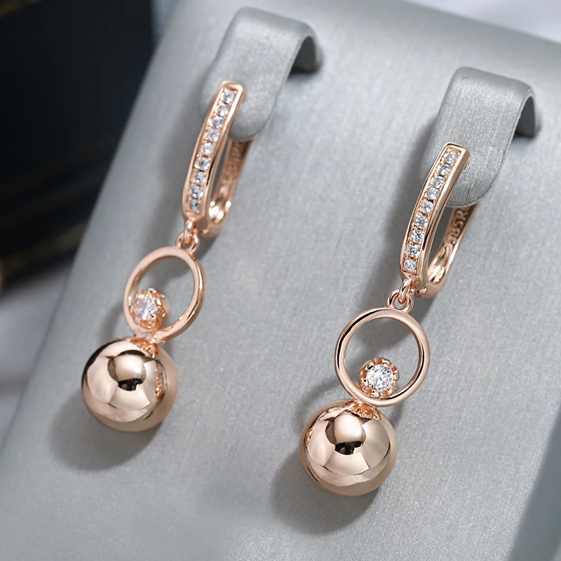 Wbmqda Fashion 585 Rose Gold Color Metal Ball Long Drop Earrings For Women Natural Zircon Setting Wedding Party Fine Jewelry