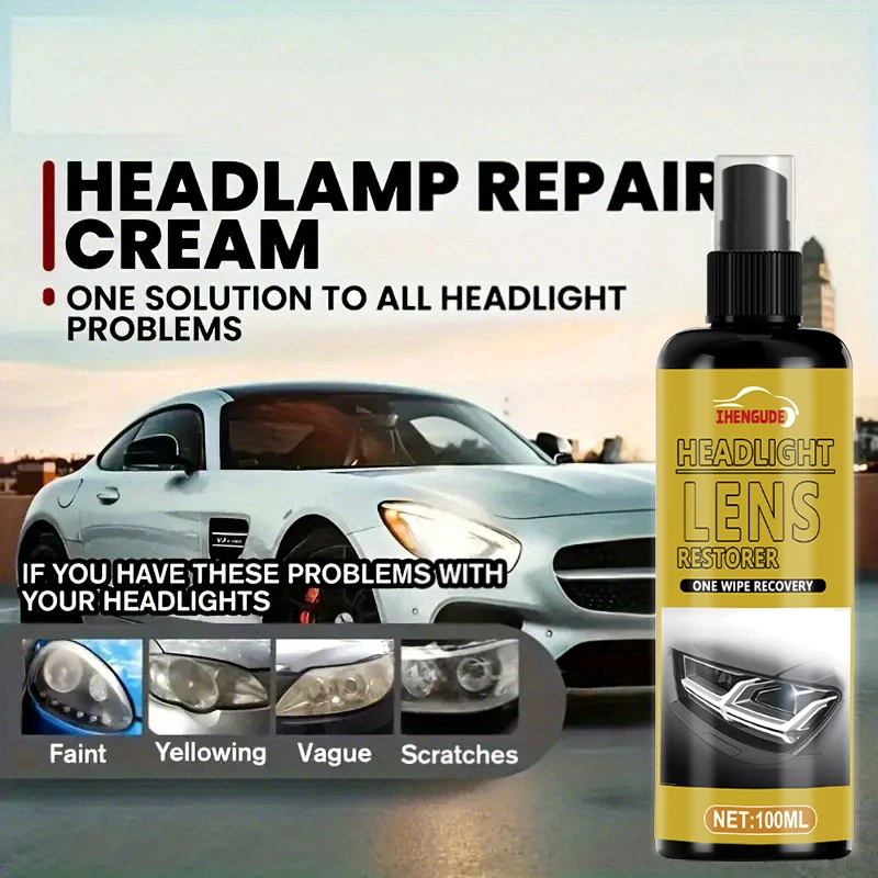 100ml Car Headlight Repair Kit, Crystal Clear Coating, Car Headlight Stain Removal Spray, Enhances Brightness, Repairs Scratches and Prevents Yellowing, Uv Protection, Durable Pe Material