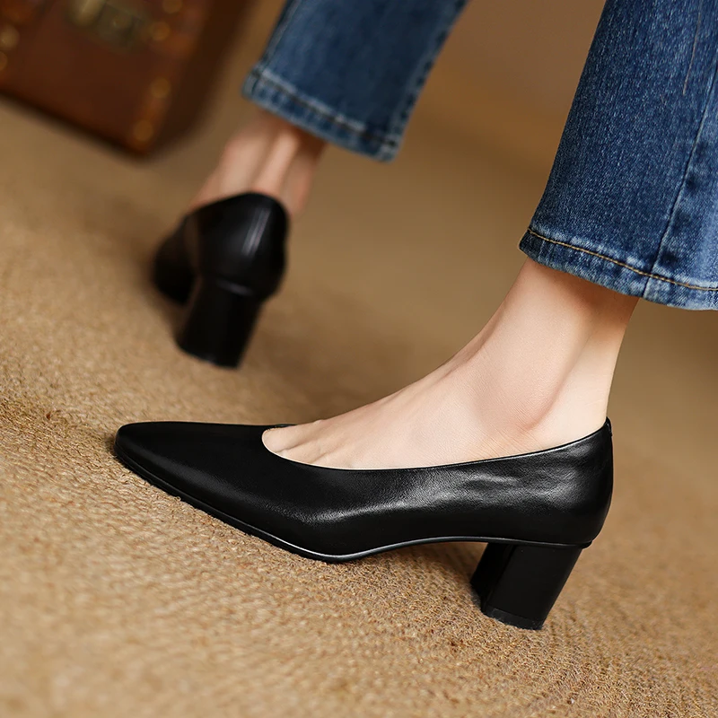 2025 New Fashion Retro Women Pumps Shoes Chunky High Heels Spring Elegant Summer Round Toe Casual Shoes Woman Black Size 34-40