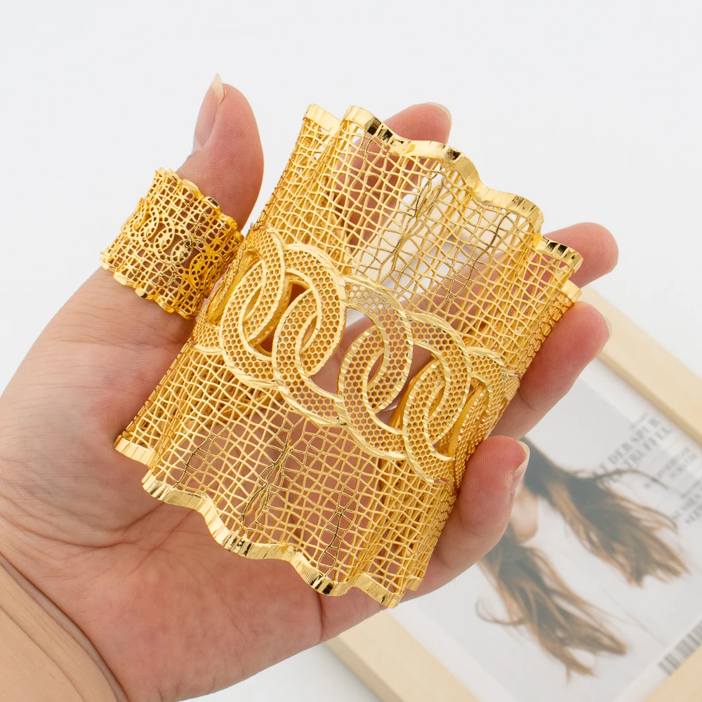 Women's 18K Gold Plated Cuff Bangle & Ring Set, Exaggerate Design