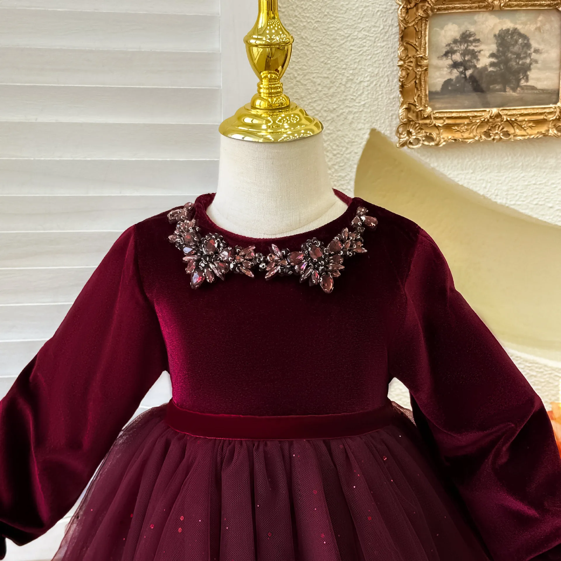 Girls Velvet Dress Autumn Winter Long Sleeve Shinny Little Girl Birthday Dress Elegant Puffy Kids Girls Princess Dress