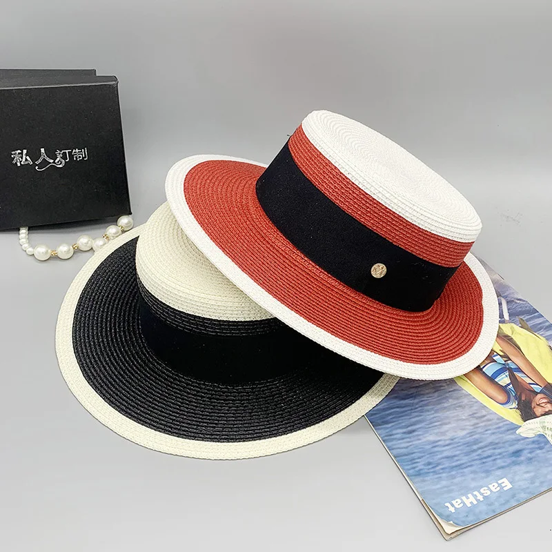 Summer Women's Flat Top Straw Panama Hat Flat Brim Woven Sun Hat Wide Brim Fedora Style for Beach Vacation