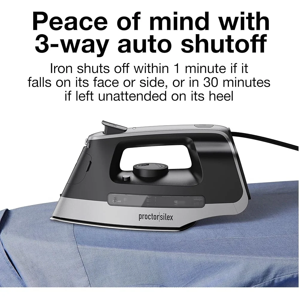 Прочный паровой утюг мощностью 1500 Вт с подошвой из нержавеющей стали. Выдвижной шнур длиной 8 футов. 3-стороннее автоматическое отключение. Легкое наполнение. Защита от капель.
