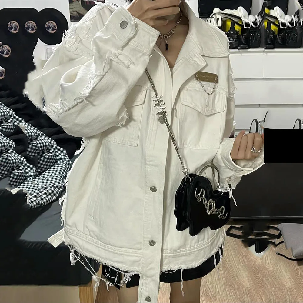 White Women's Denim Jacket Spring Big Size 4XL Burrs Tassel Trend Chic Denim Streetwear Harajuku Female Jean Coat Denim Outwear