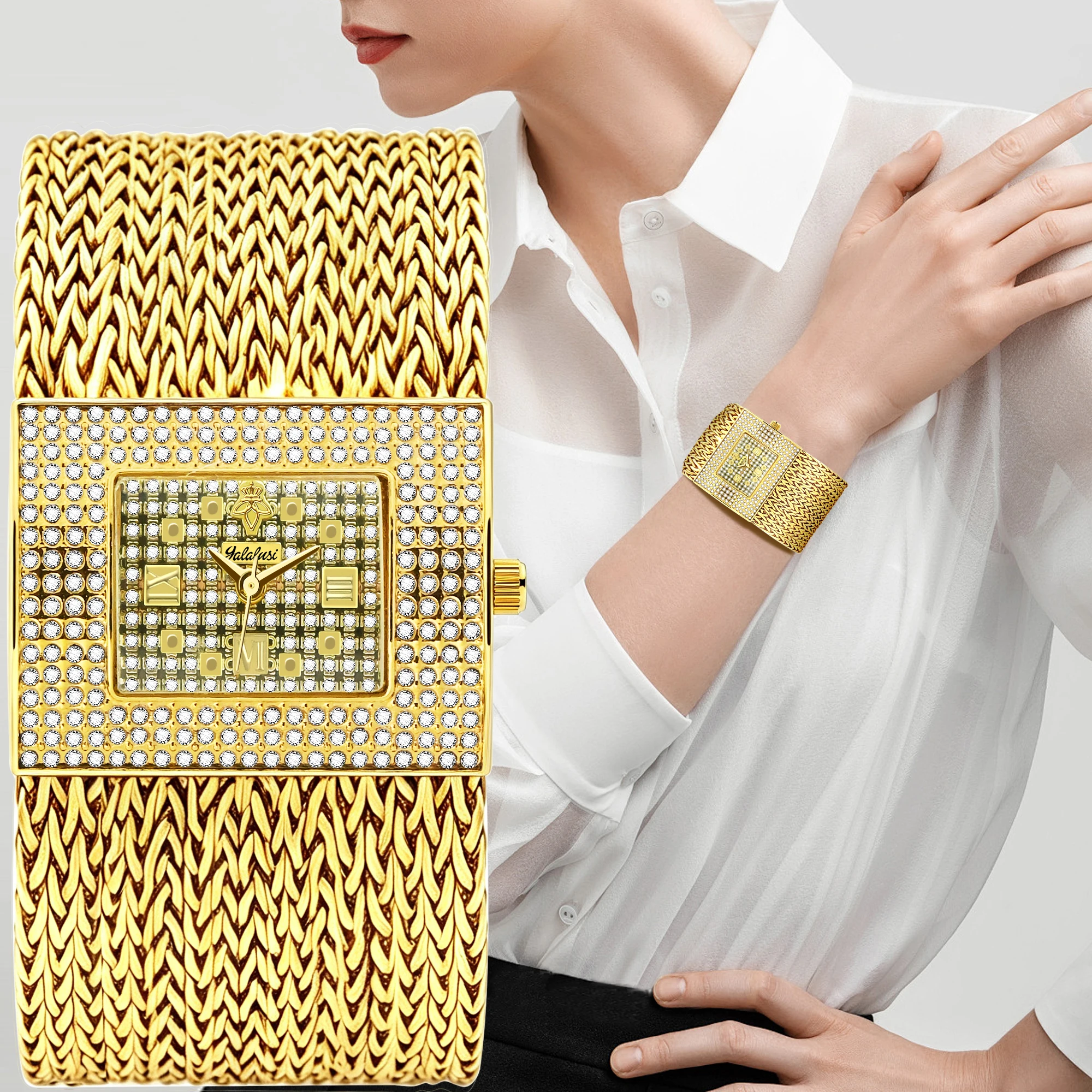 Yalalusi: Fashionable and Elegant Ladies’ Openwork Steel-Strap Bracelet Watch, Water-Resistant, with Luxurious Diamond-Set Dial